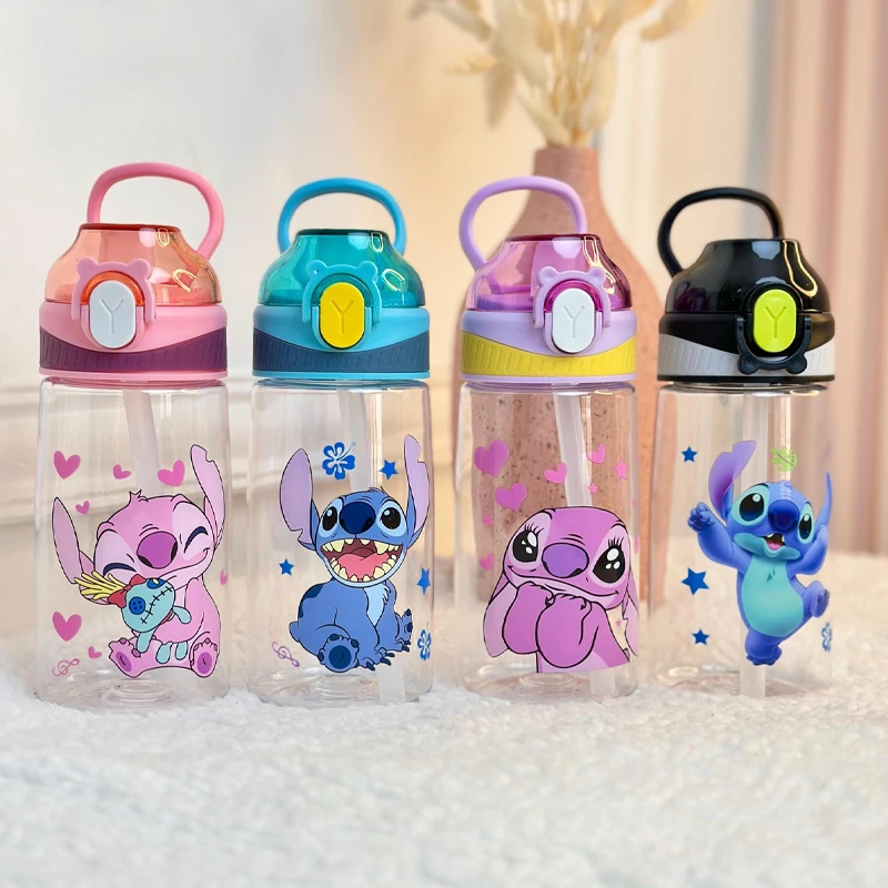 Summer Water Bottle Water Cup with Straw and Portable Handheld Stitch Character Design 500 ml BPA-free plastic, safe for children, Snap button with leak-proof lid  (S60-20)